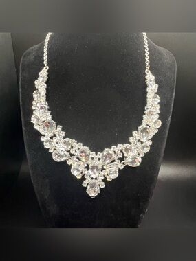 Silver Tone Clear Rhinestone Statement Necklace Bridal Prom Wedding Bib Necklace